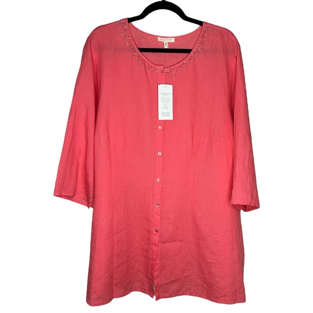 Eileen Fisher Linen Button Up Tunic Shirt Women's Sz 1X Coral Sequin MSRP $208